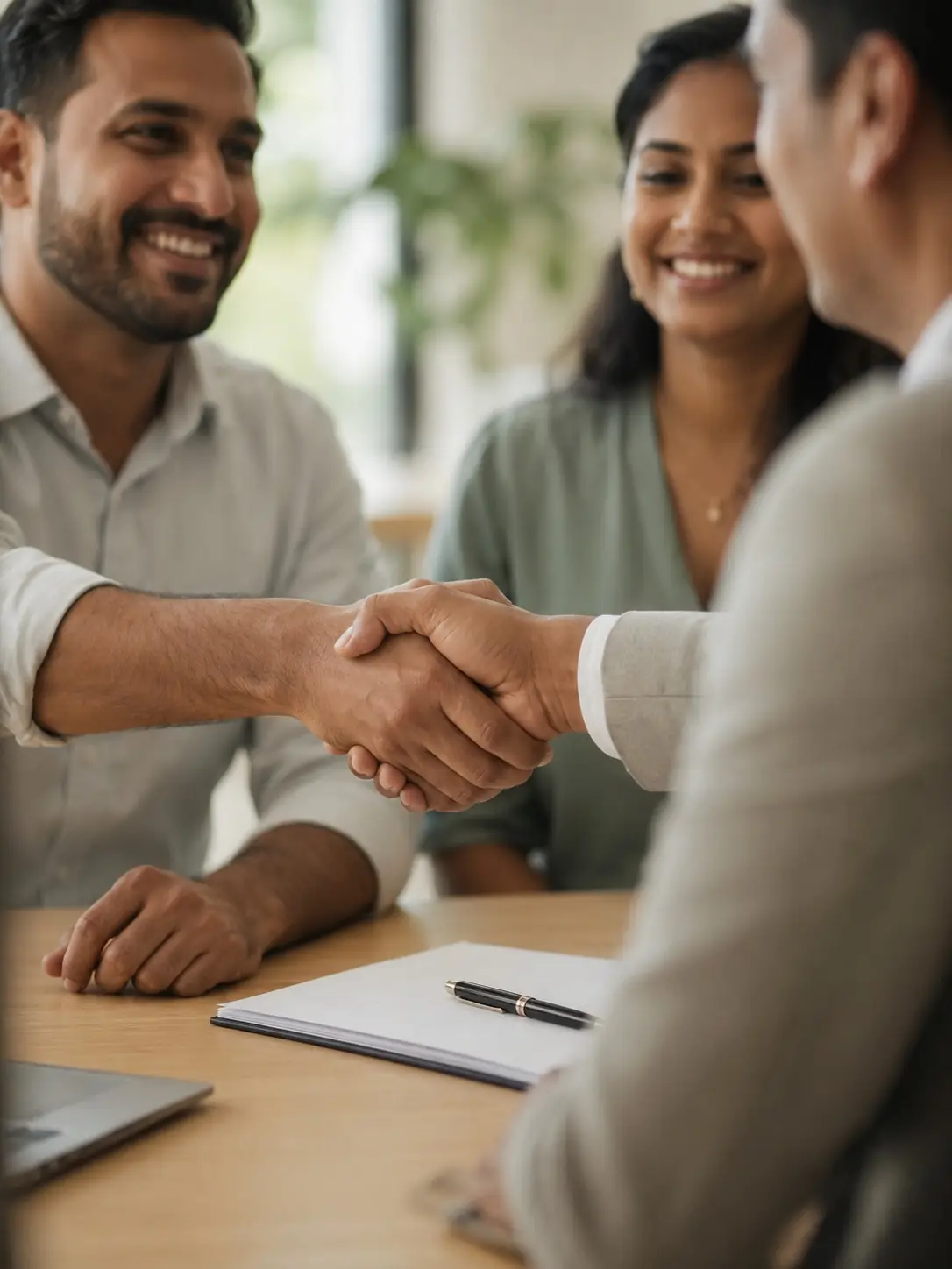 A Spotto Finance broker shaking hands with a Tamil couple over signed loan paperwork