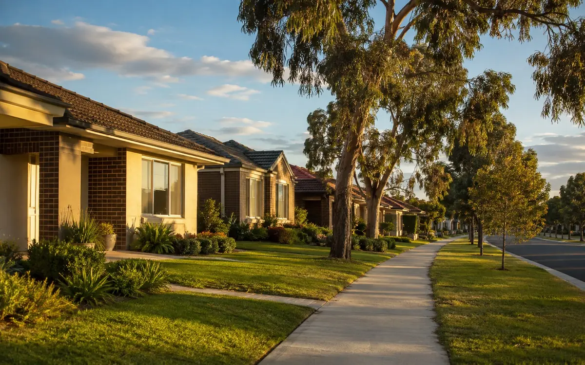 A quiet residential street of brick homes in Melbourne’s south-east at golden hour