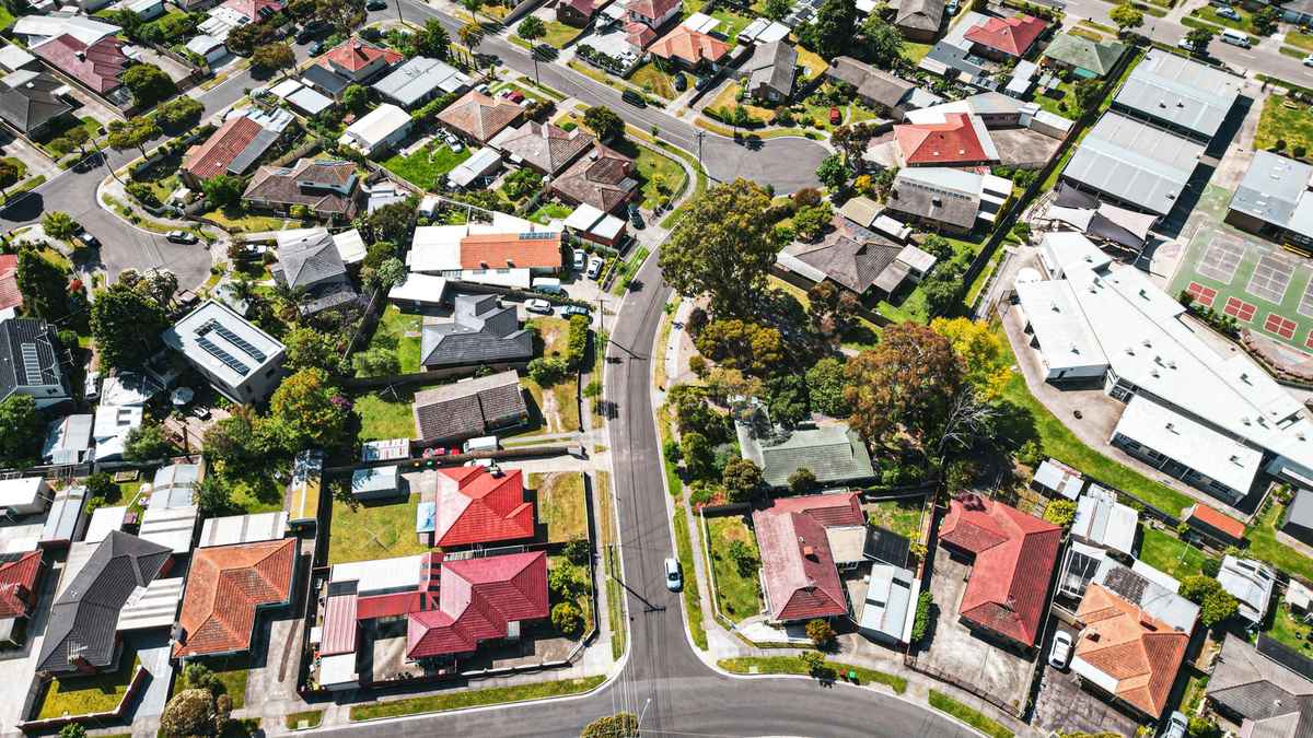 Aerial view of Melbourne suburban streets and houses