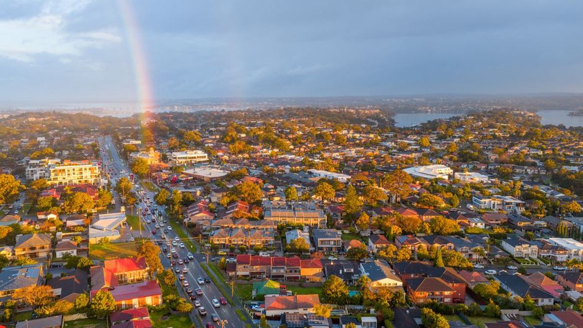 Aerial view of Australian suburban houses and streets